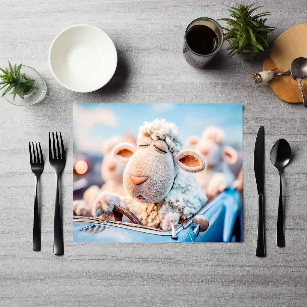 raxxa Premium-Tischset: Sheep sleeping at car steering wheel illustration
