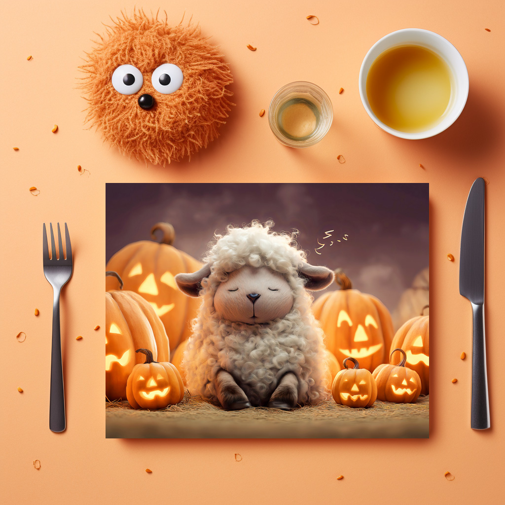 raxxa Premium-Tischset: Sheep sleeping among Halloween pumpkins illustration