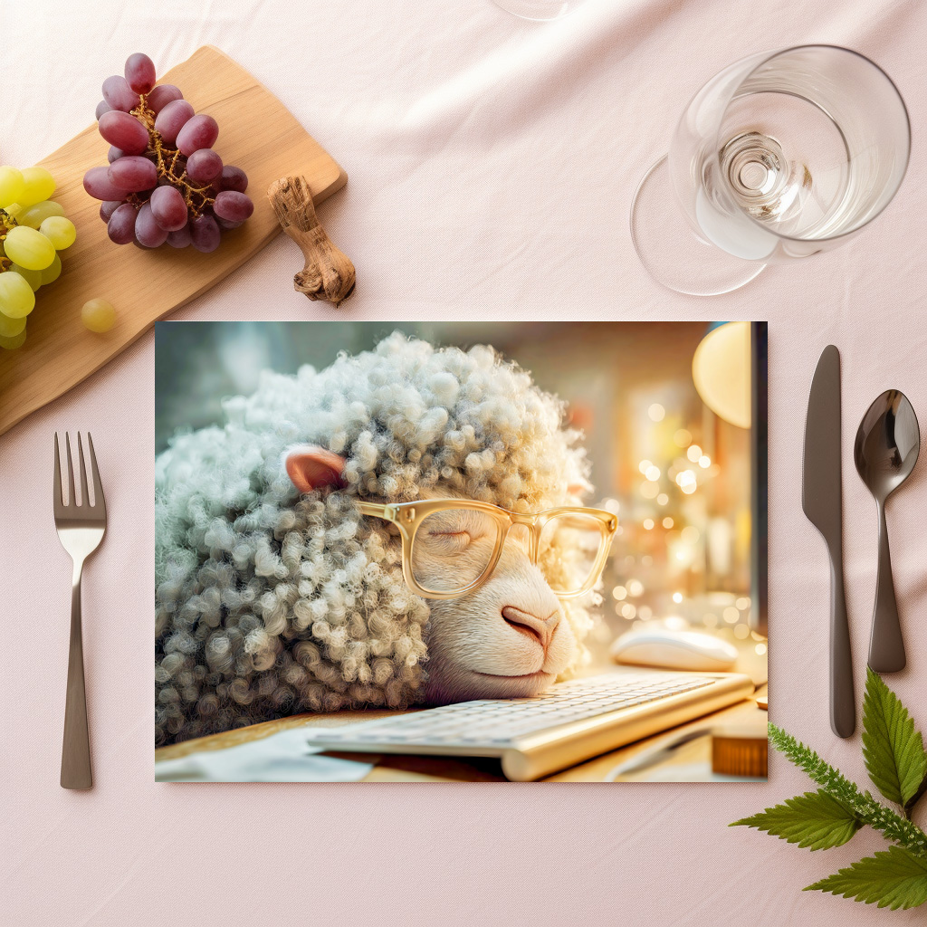raxxa Premium-Tischset: Tired sheep at office desk computer