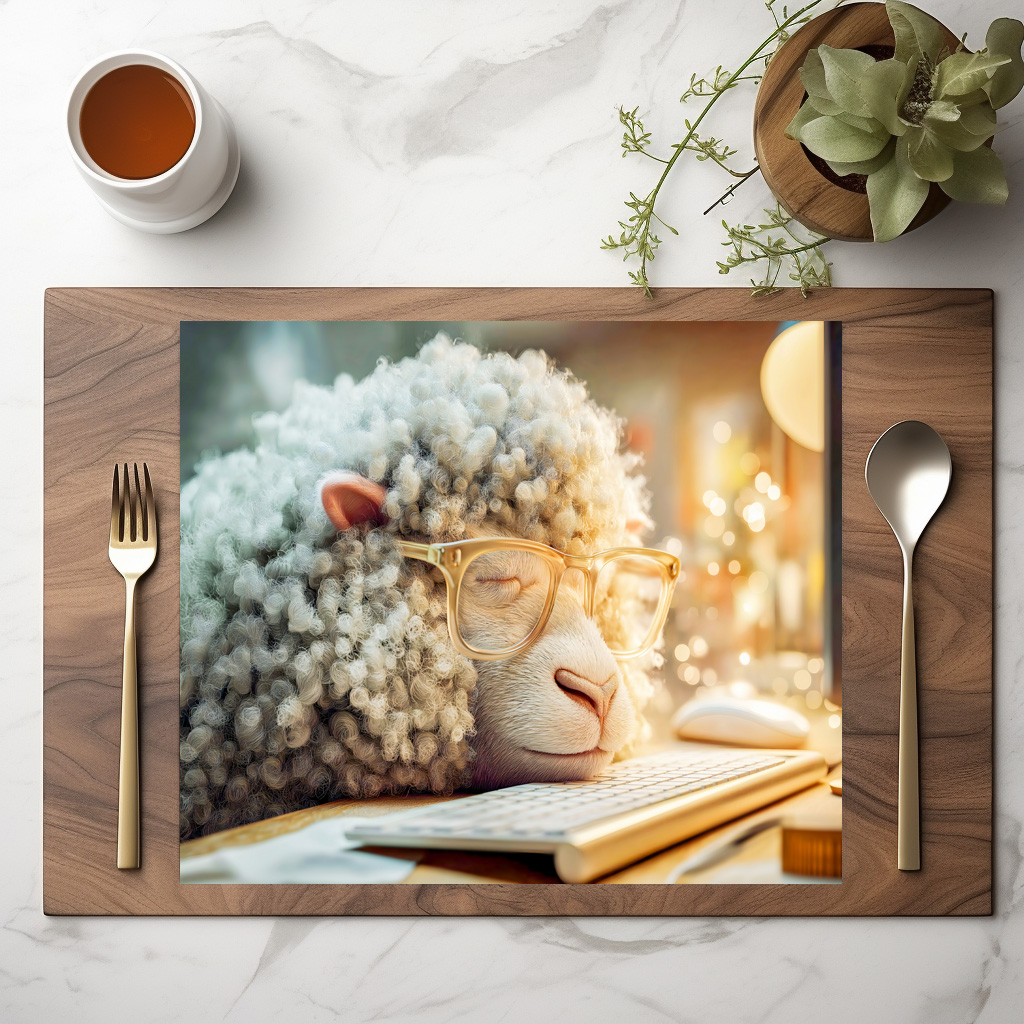 raxxa Premium-Tischset: Tired sheep at office desk computer - Image 2