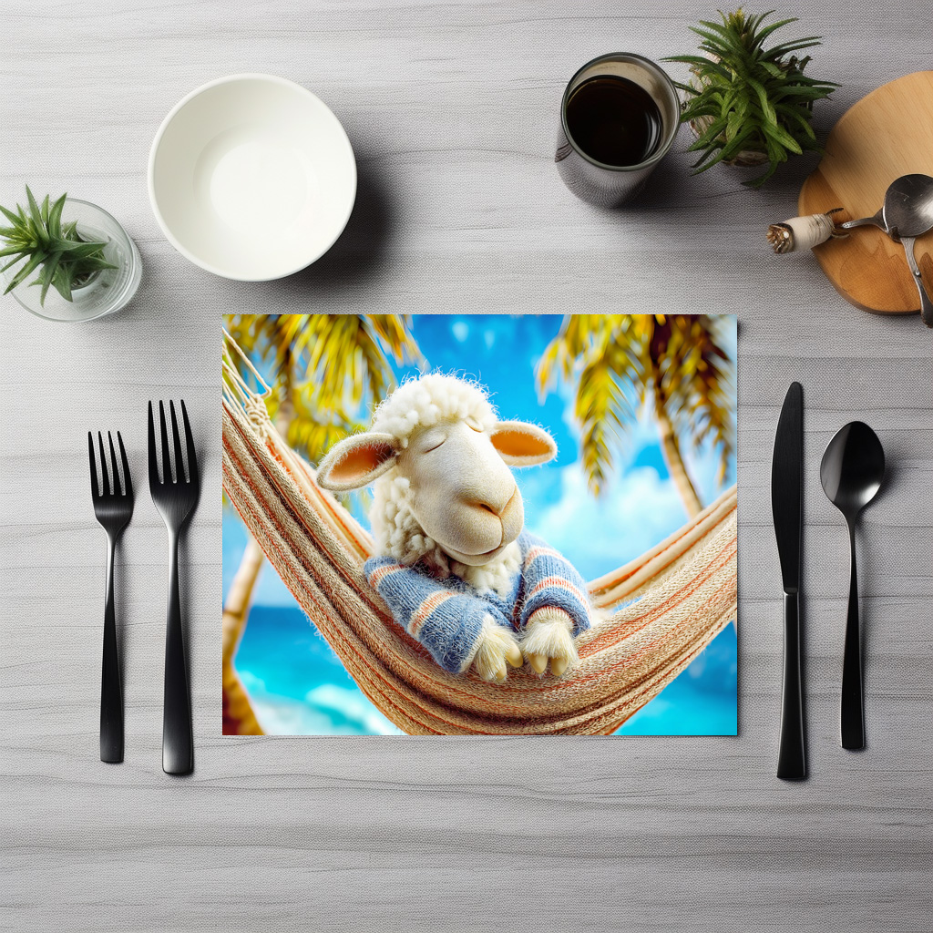 raxxa Premium-Tischset: Relaxing sheep sleeping in beach hammock