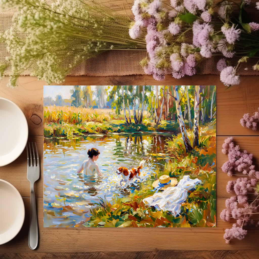raxxa Premium-Tischset: Woman Bathing in Pond with Cavalier Spaniel – Bild 3