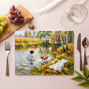 raxxa Premium-Tischset: Woman Bathing in Pond with Cavalier Spaniel