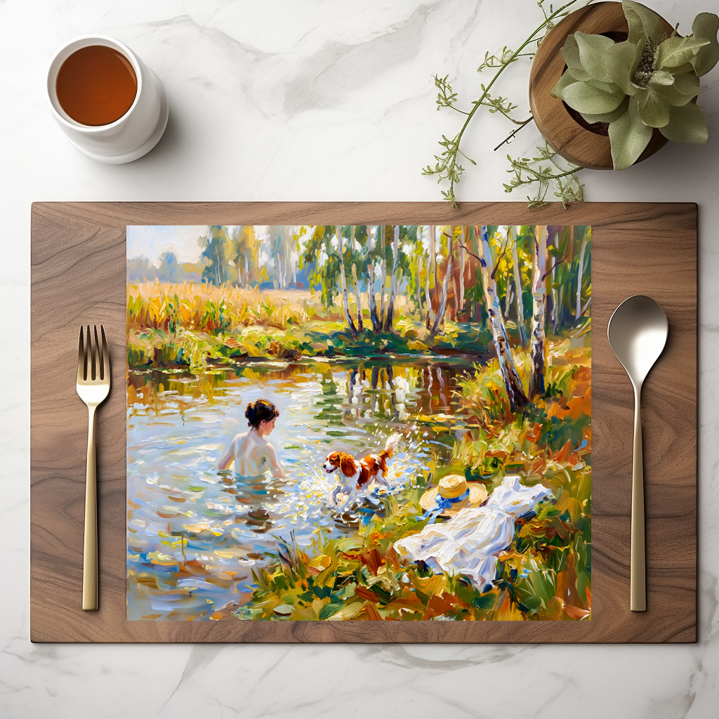 raxxa Premium-Tischset: Woman Bathing in Pond with Cavalier Spaniel – Bild 2