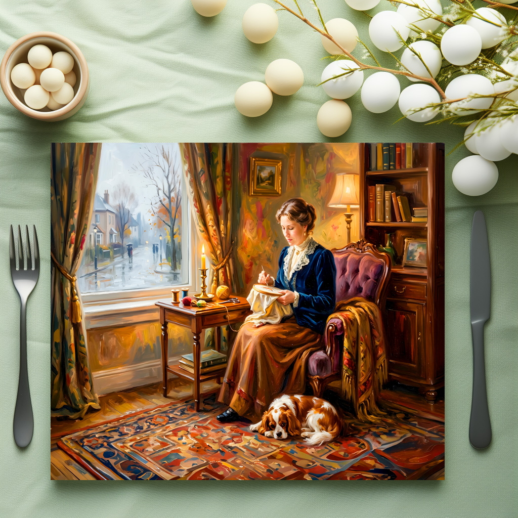 raxxa Premium-Tischset: Woman Embroidering by Window with Cavalier Spaniel – Bild 3