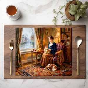 raxxa Premium-Tischset: Woman Embroidering by Window with Cavalier Spaniel