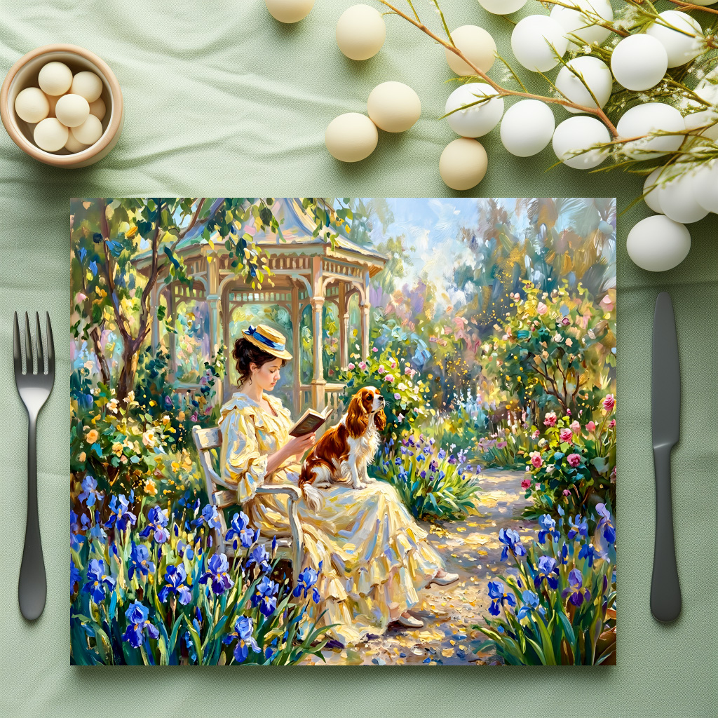 raxxa Premium-Tischset: Woman Reading in Garden with Cavalier Spaniel - Image 2