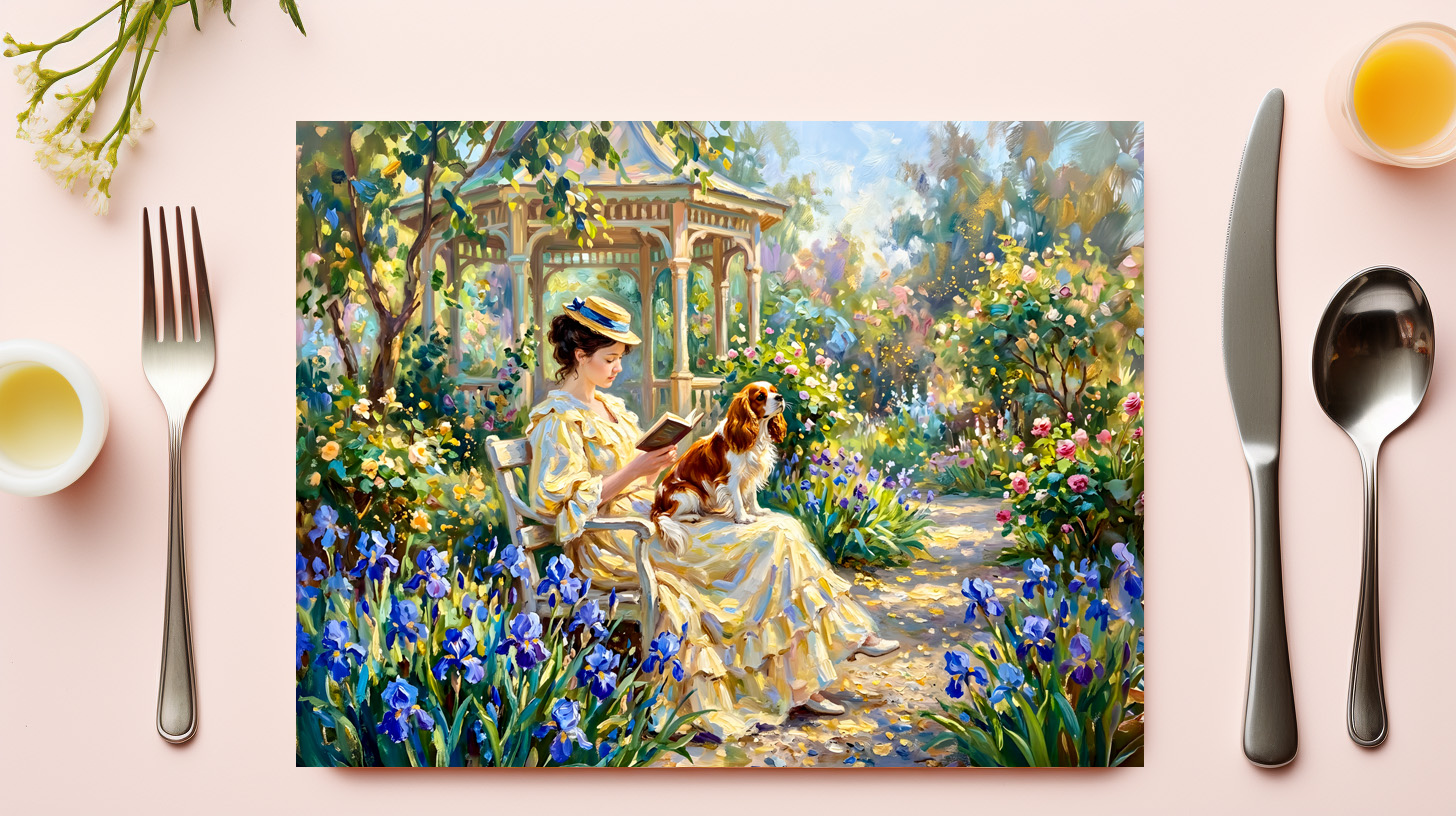 raxxa Premium-Tischset: Woman Reading in Garden with Cavalier Spaniel - Image 3
