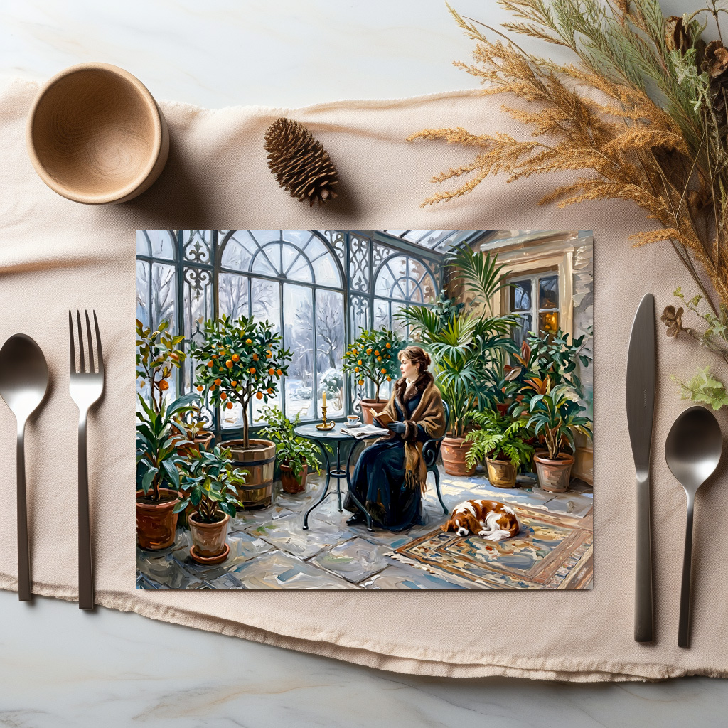 raxxa Premium-Tischset: Cozy Winter Orangery with Cavalier Spaniel