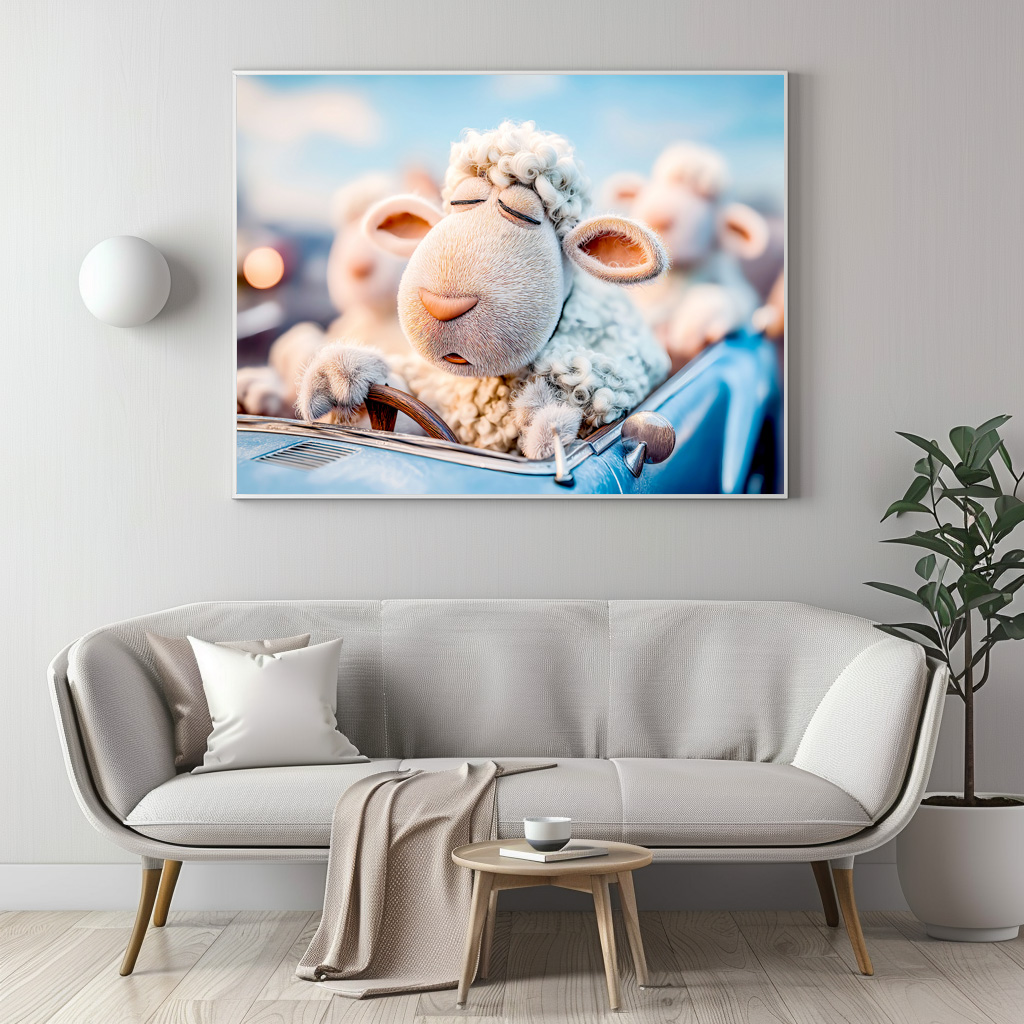 Poster: Sheep sleeping at car steering wheel illustration