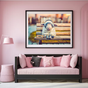Poster: Sheep napping with headphones bench