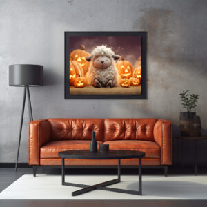 Poster: Sheep sleeping among Halloween pumpkins illustration