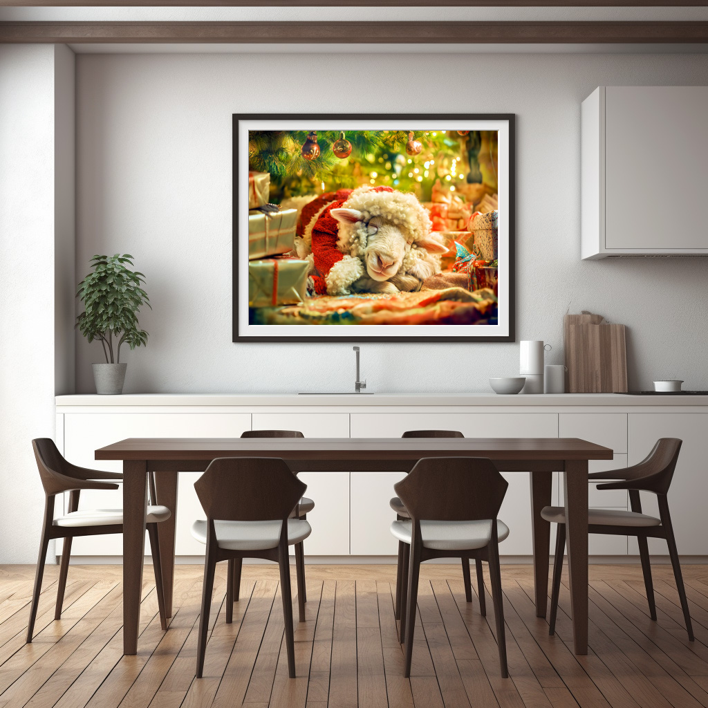 Poster: Sleeping sheep under Christmas tree lights