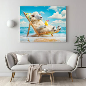 Poster: Sheep in deck chair with cocktail illustration