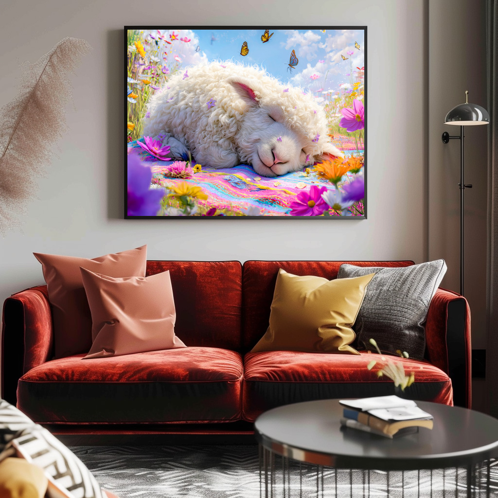 Poster: Sleeping sheep on meadow picnic blanket