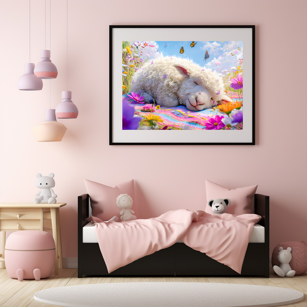 Poster: Sleeping sheep on meadow picnic blanket – Bild 2