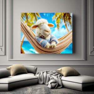Poster: Relaxing sheep sleeping in beach hammock