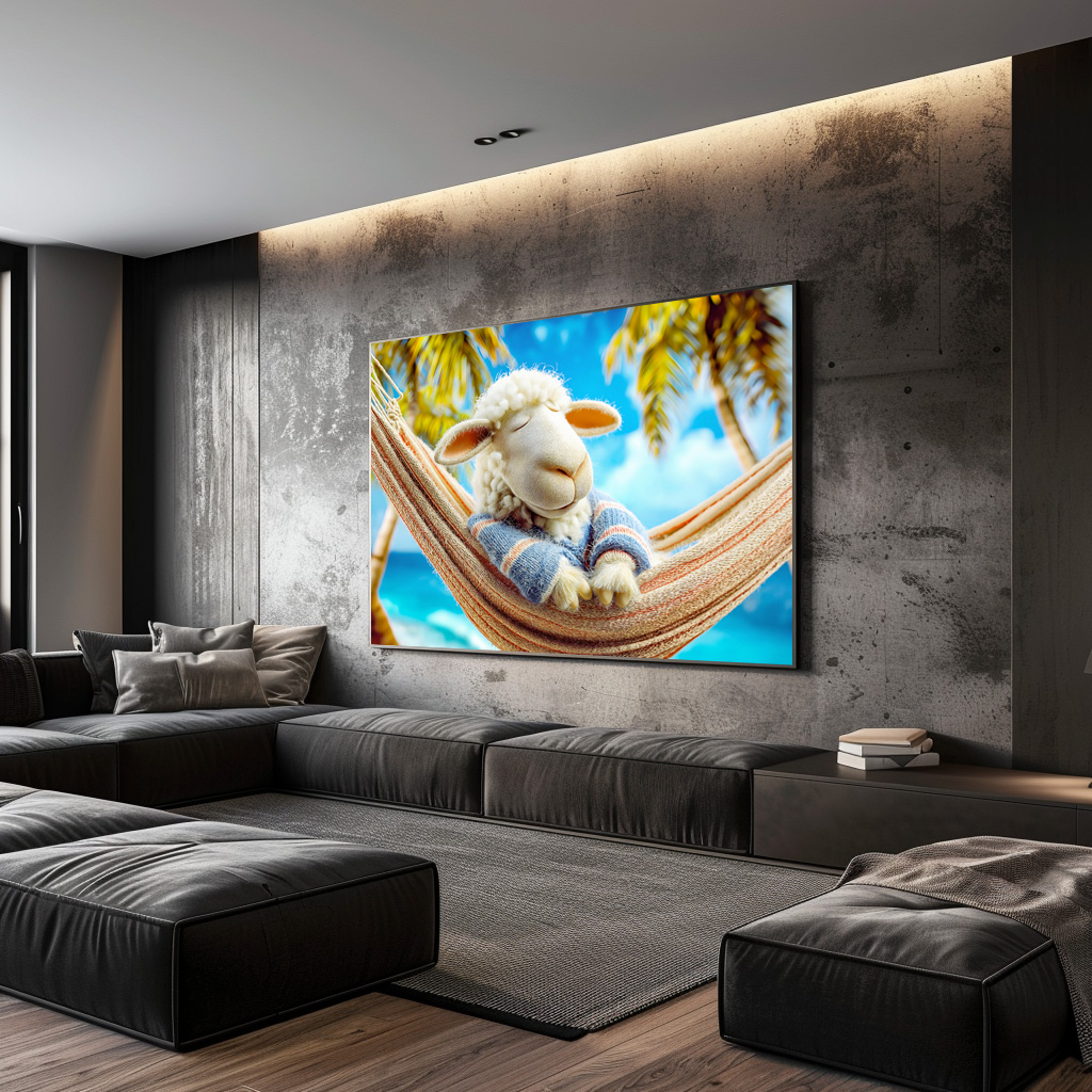 Poster: Relaxing sheep sleeping in beach hammock – Bild 2