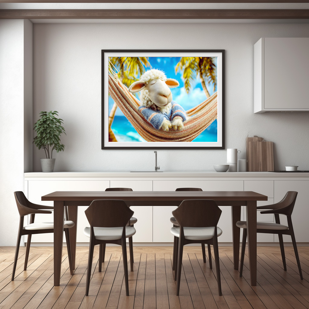 Poster: Relaxing sheep sleeping in beach hammock – Bild 3