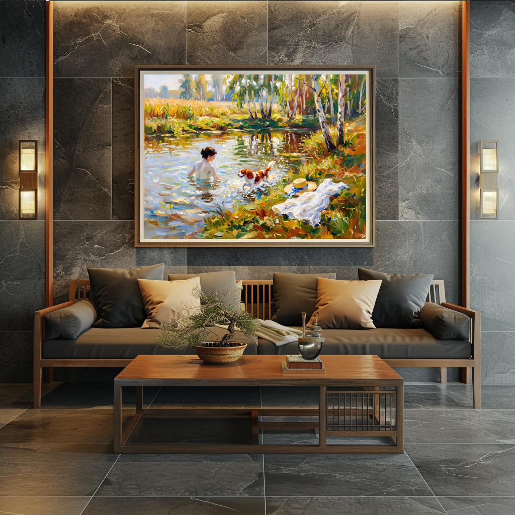 Poster: Woman Bathing in Pond with Cavalier Spaniel