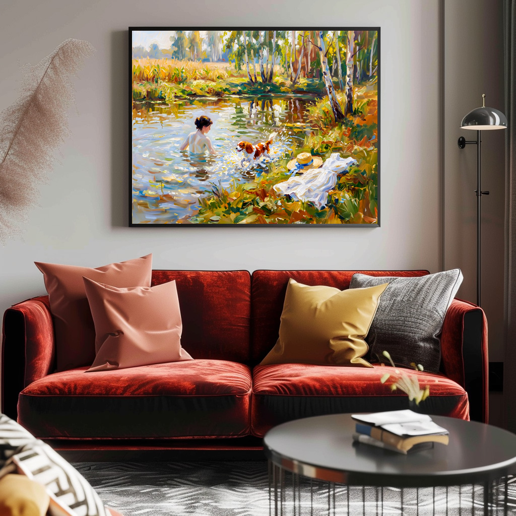 Poster: Woman Bathing in Pond with Cavalier Spaniel – Bild 2