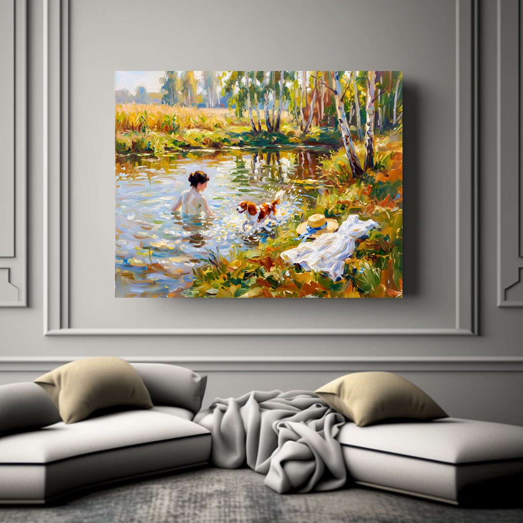 Poster: Woman Bathing in Pond with Cavalier Spaniel – Bild 3