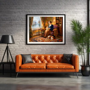 Poster: Woman Embroidering by Window with Cavalier Spaniel