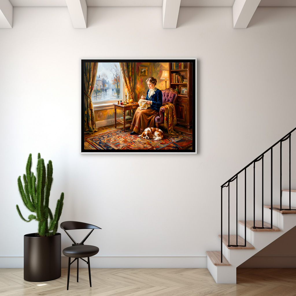 Poster: Woman Embroidering by Window with Cavalier Spaniel – Bild 2