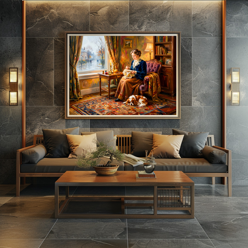 Poster: Woman Embroidering by Window with Cavalier Spaniel – Bild 3
