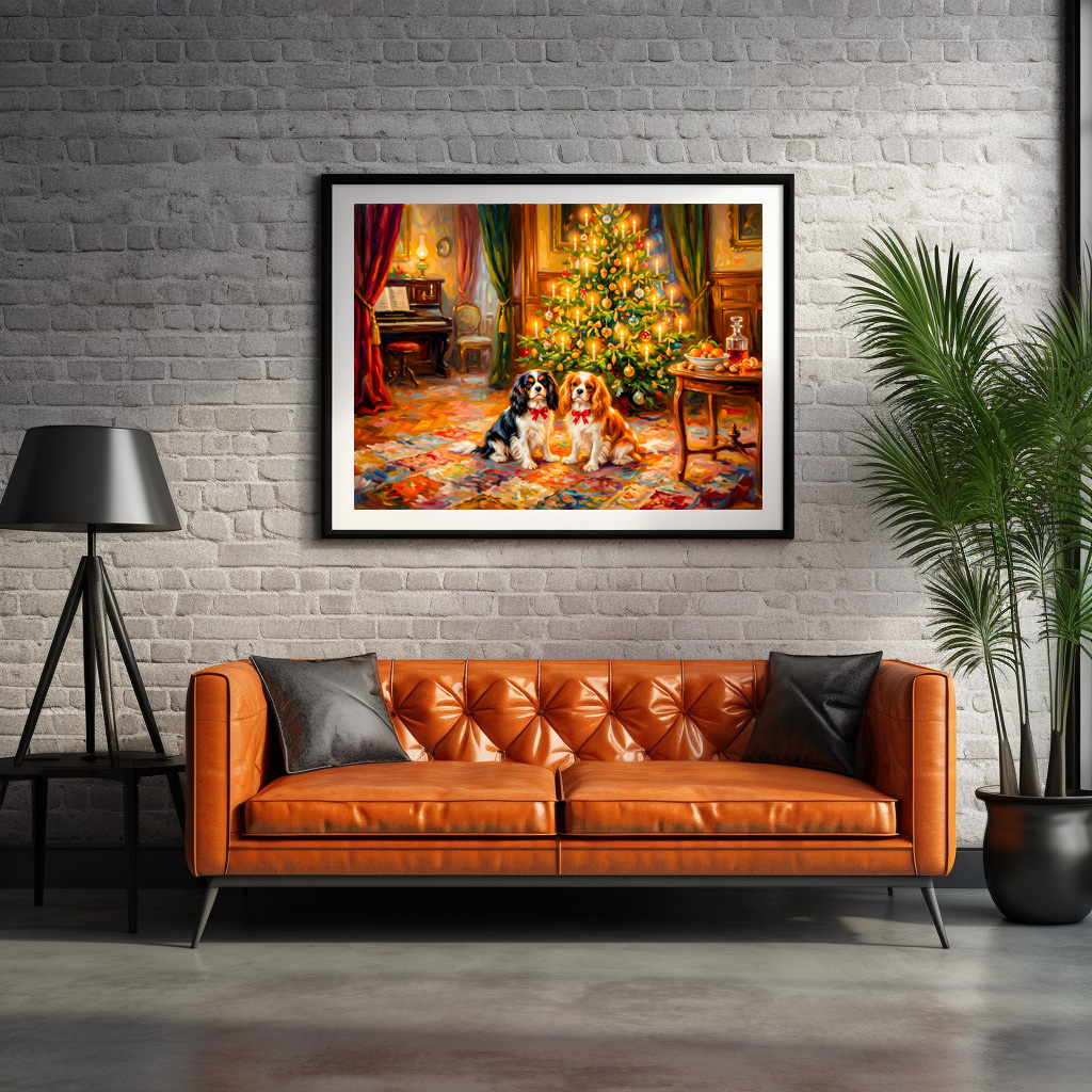 Poster: Cavalier Spaniels by Christmas Tree