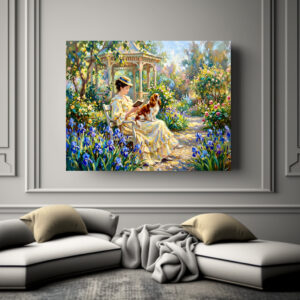 Poster: Woman Reading in Garden with Cavalier Spaniel