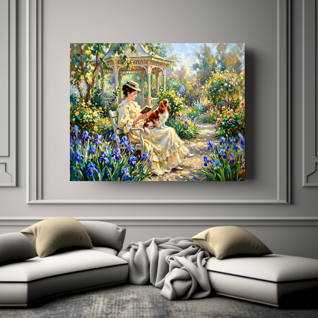 Poster: Woman Reading in Garden with Cavalier Spaniel