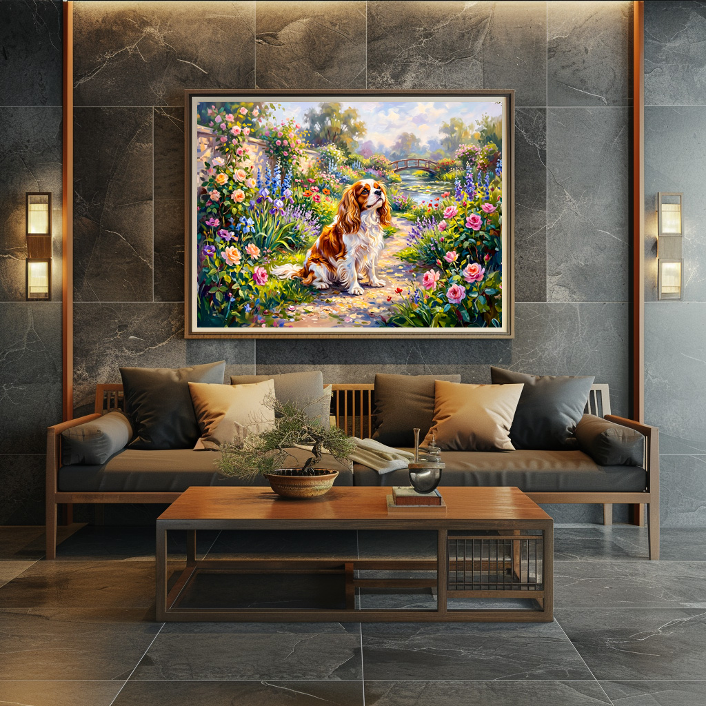 Poster: Cavalier Spaniel in Summer Garden by Pond