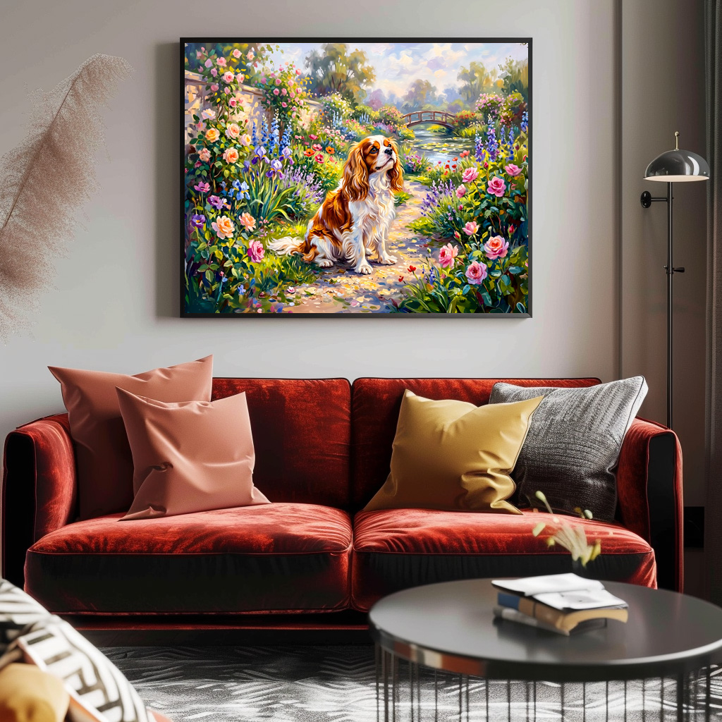 Poster: Cavalier Spaniel in Summer Garden by Pond – Bild 2