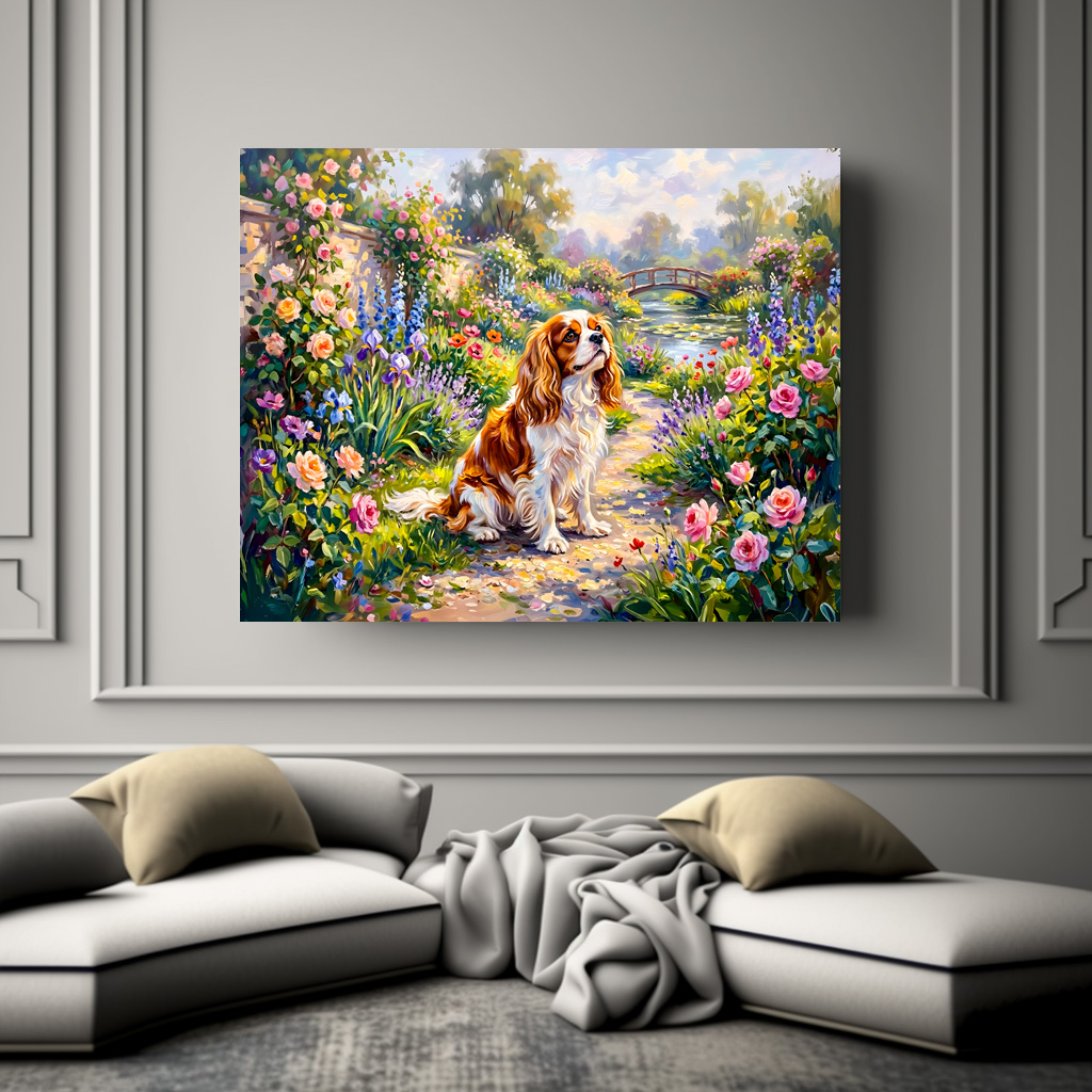 Poster: Cavalier Spaniel in Summer Garden by Pond – Bild 3