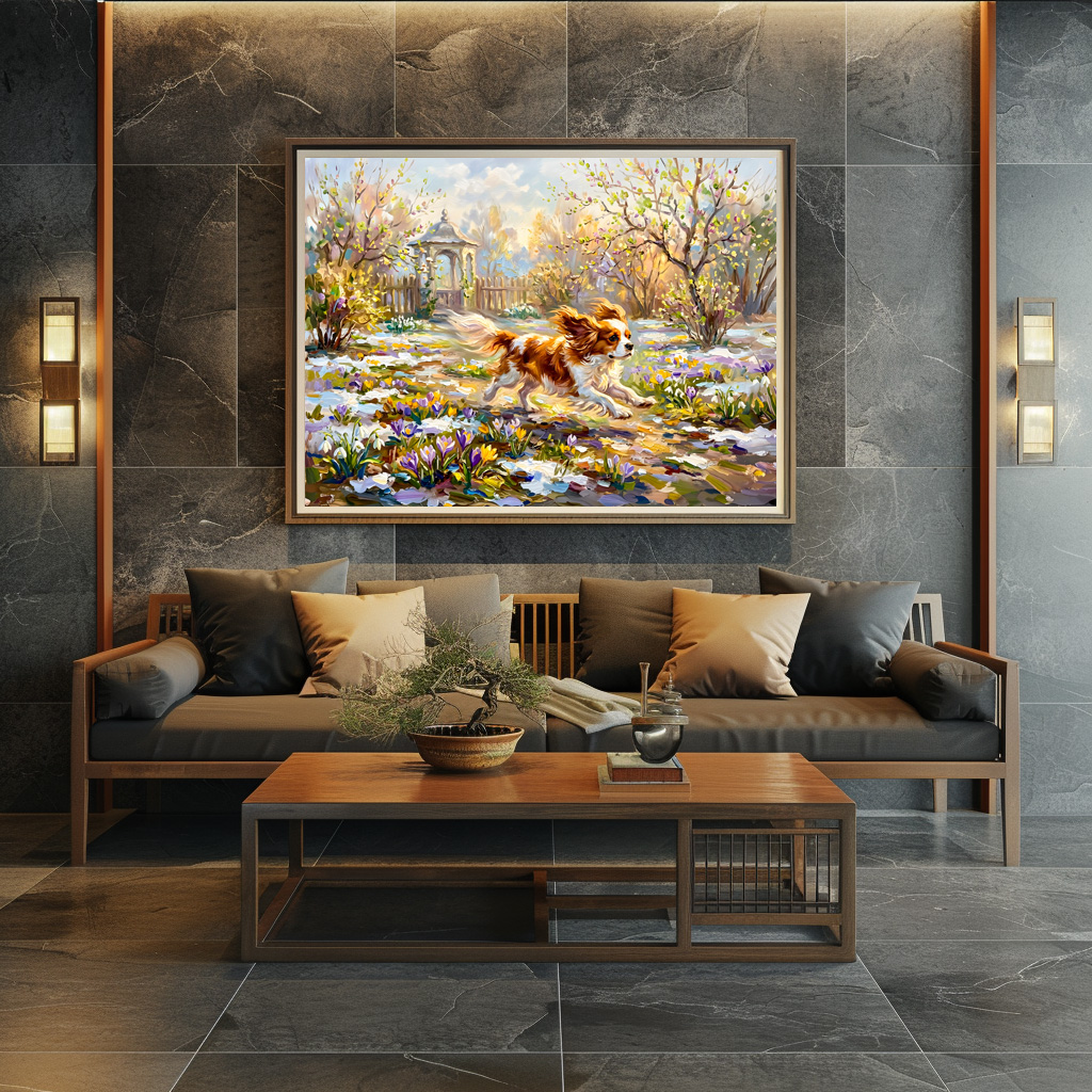 Poster: Cavalier Spaniel in Blooming Spring Garden