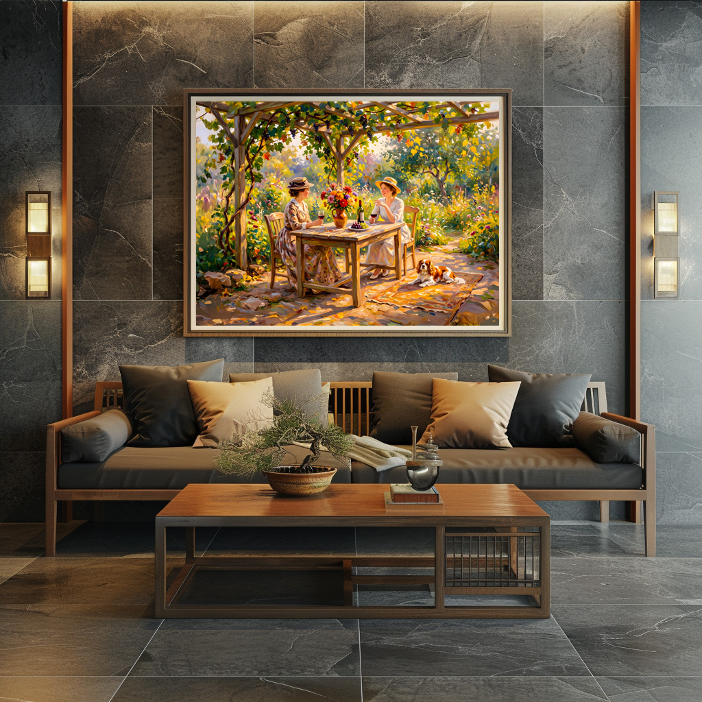 Poster: Ladies Sharing Wine Under Garden Pergola