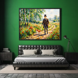 Poster: Man Walking Field Path with Cavalier Spaniel