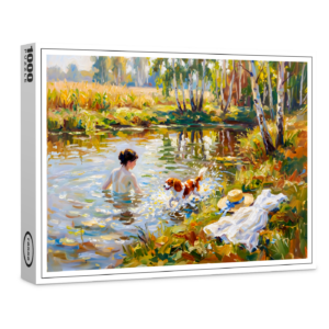 raxxa Premium-Puzzle: Woman Bathing in Pond with Cavalier Spaniel