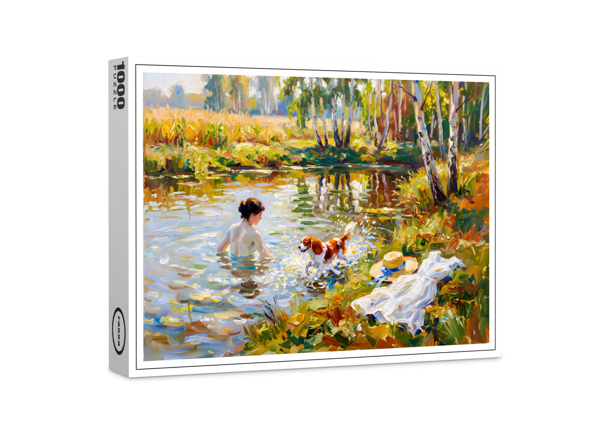 raxxa Premium-Puzzle: Woman Bathing in Pond with Cavalier Spaniel