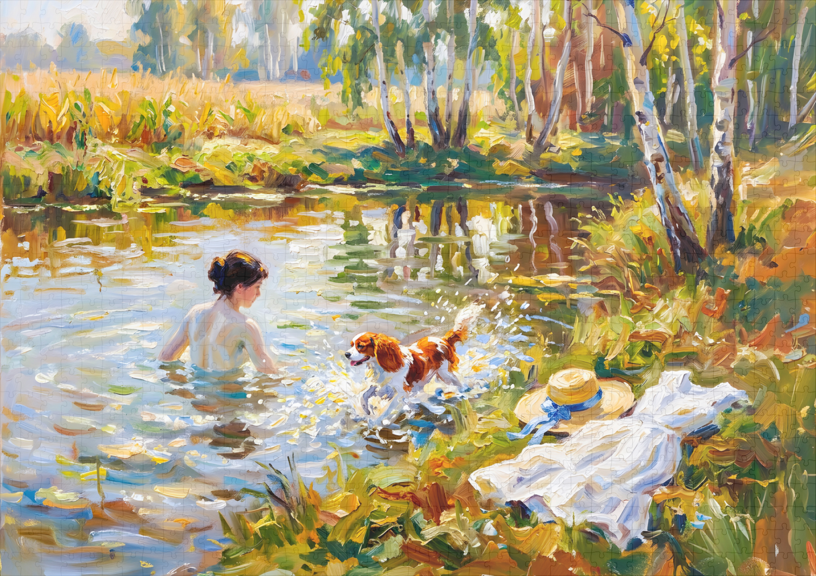raxxa Premium-Puzzle: Woman Bathing in Pond with Cavalier Spaniel – Bild 2