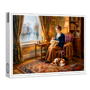 raxxa Premium-Puzzle: Woman Embroidering by Window with Cavalier Spaniel