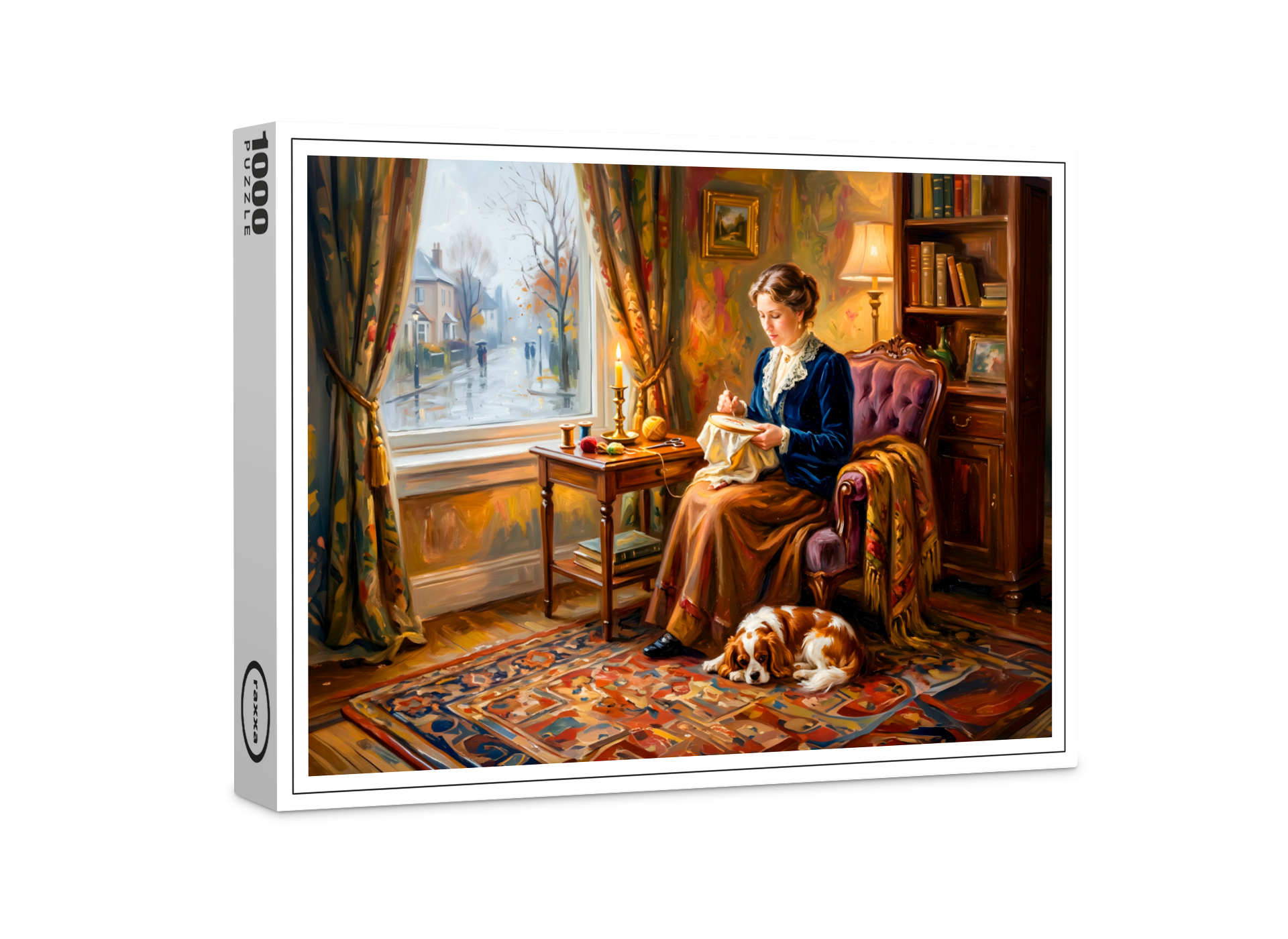 raxxa Premium-Puzzle: Woman Embroidering by Window with Cavalier Spaniel