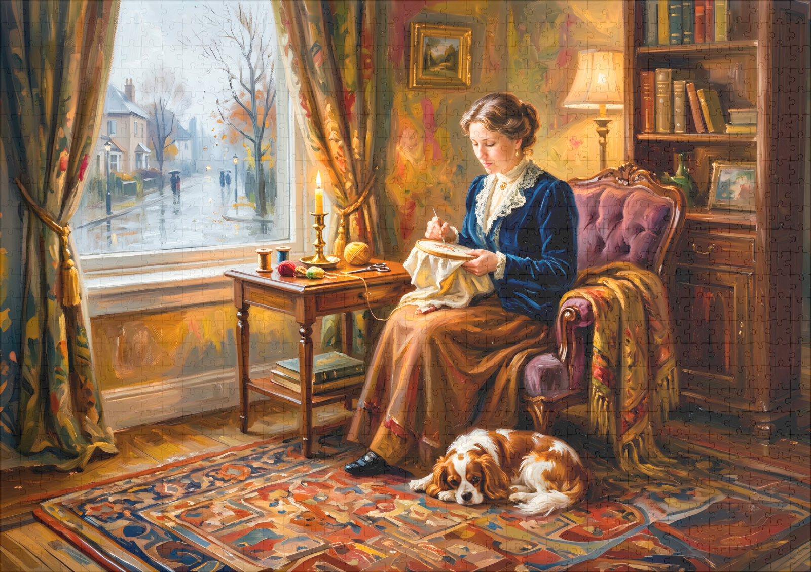 raxxa Premium-Puzzle: Woman Embroidering by Window with Cavalier Spaniel - immagine 2