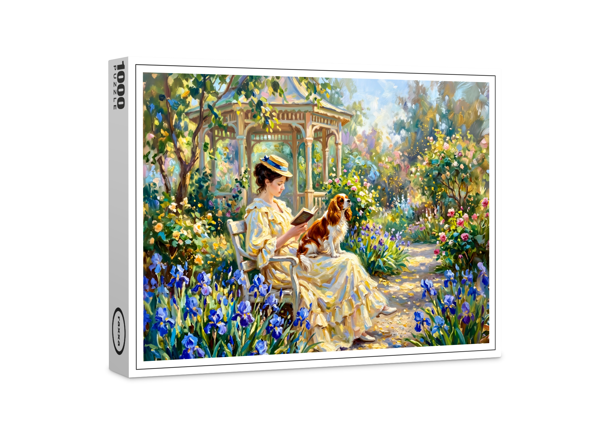 raxxa Premium-Puzzle: Woman Reading in Garden with Cavalier Spaniel