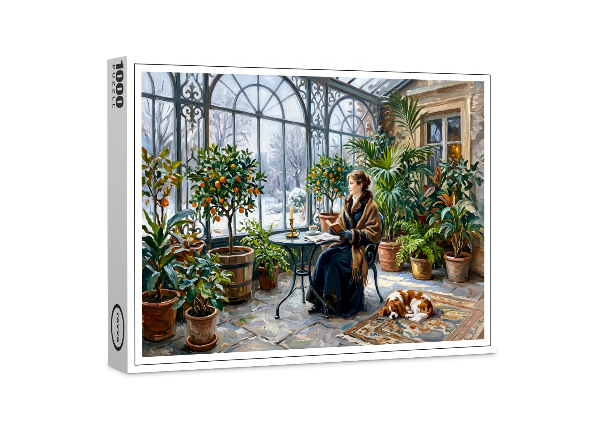 raxxa Premium-Puzzle: Cozy Winter Orangery with Cavalier Spaniel
