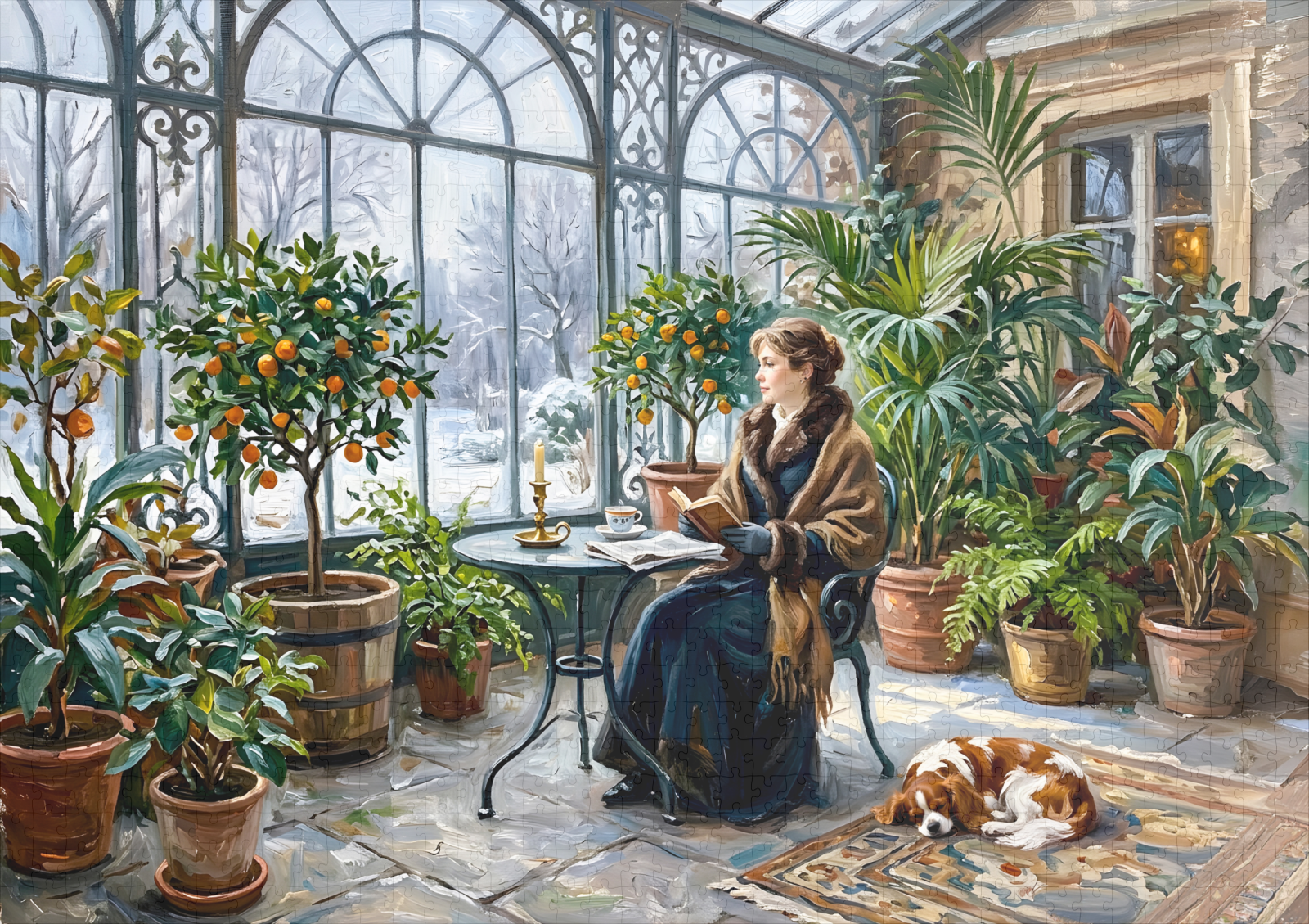 raxxa Premium-Puzzle: Cozy Winter Orangery with Cavalier Spaniel – Bild 2