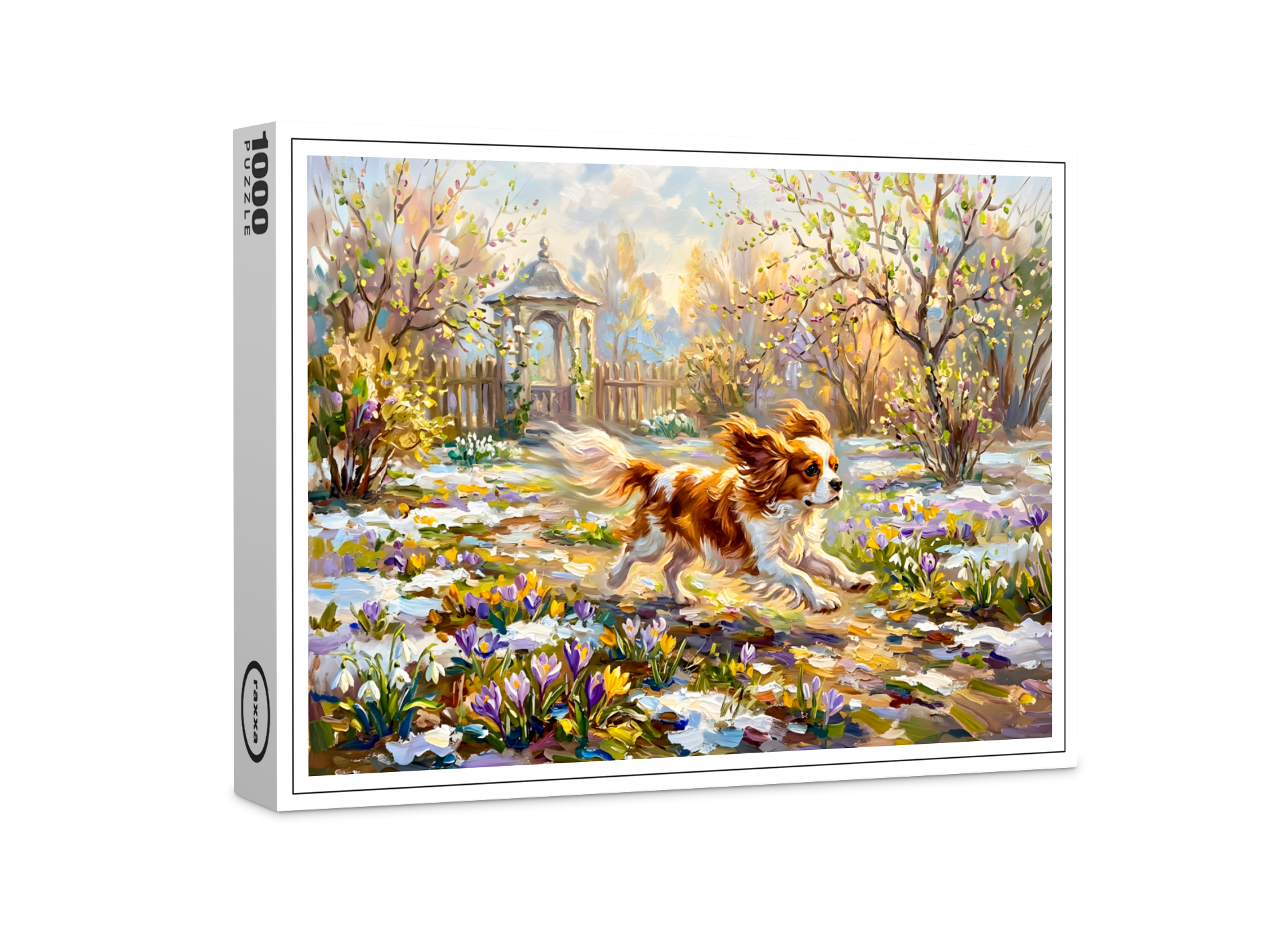 raxxa Premium-Puzzle: Cavalier Spaniel in Blooming Spring Garden