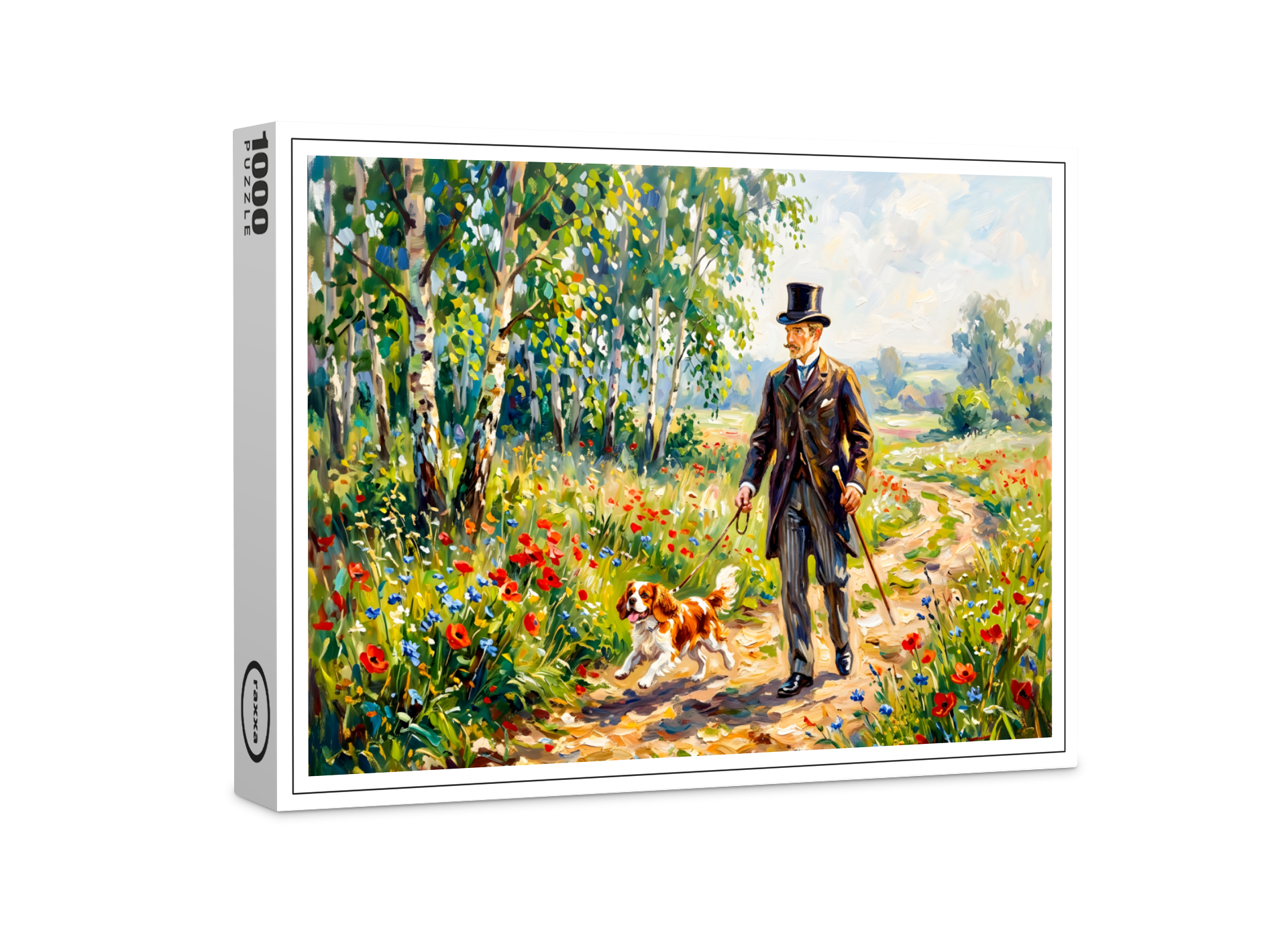 raxxa Premium-Puzzle: Man Walking Field Path with Cavalier Spaniel