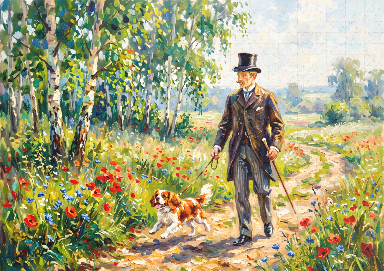 raxxa Premium-Puzzle: Man Walking Field Path with Cavalier Spaniel - Imagen 2